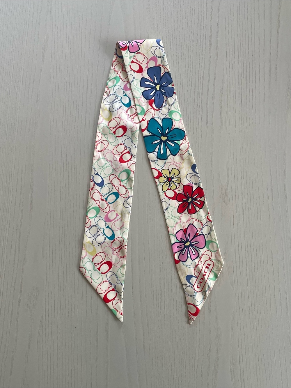 Coach Colorful Floral Signature C Skinny Twilly Scarf Bag Tie Y2K 100% Silk HTF